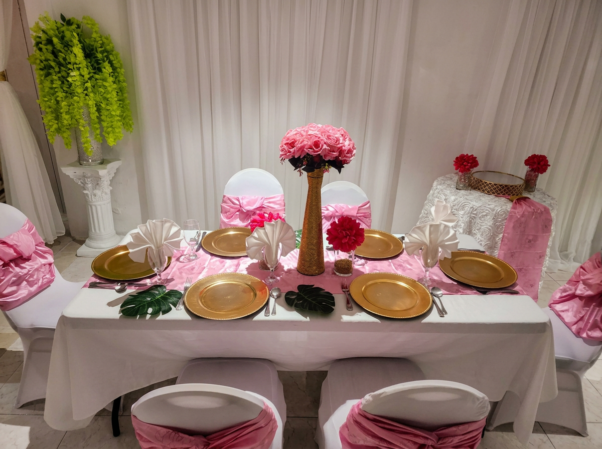Elegant pink and gold event table setting at El Gazebo's Paradise Garden Restaurant & Grill