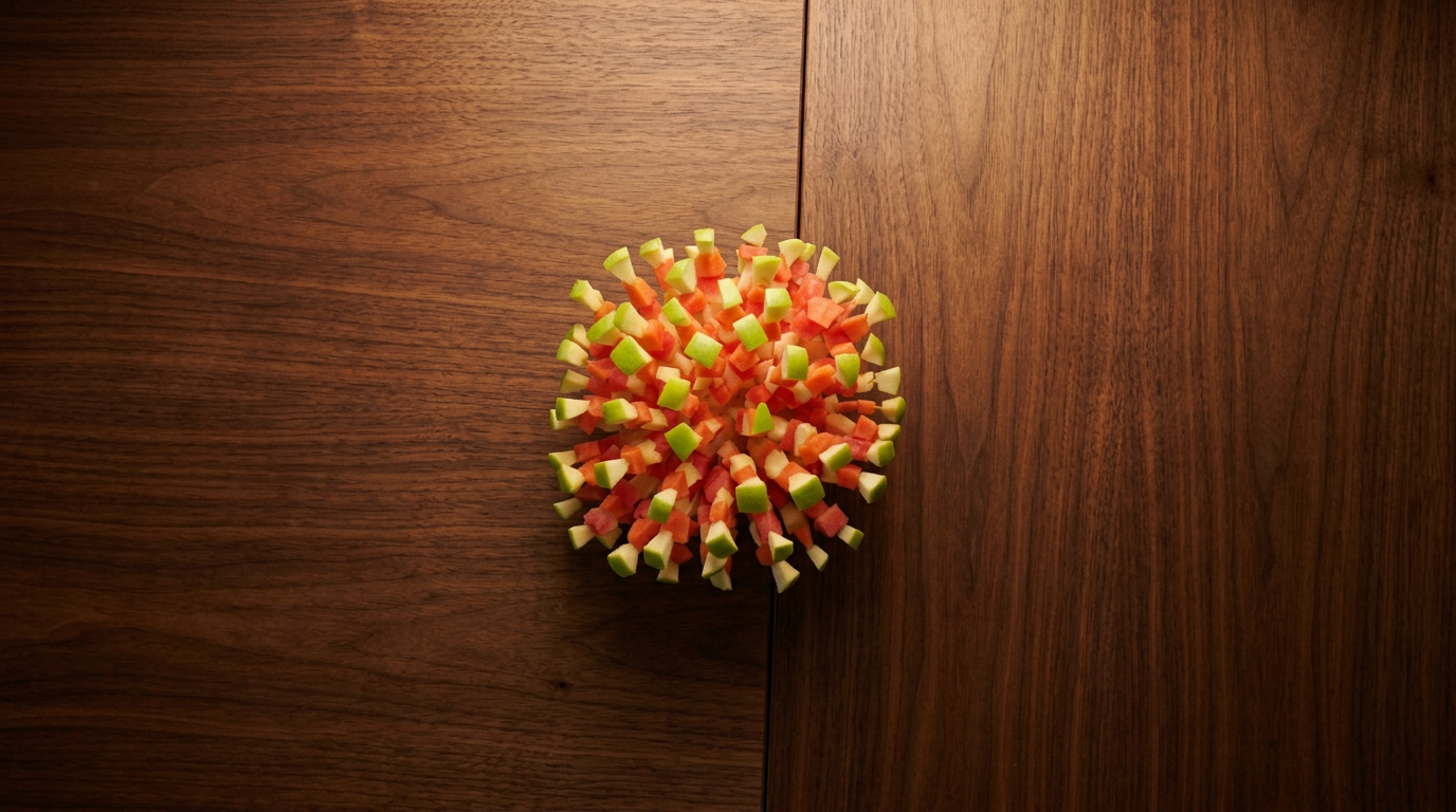 Fresh watermelon, papaya and green apple fruit kebabs arranged into a starburst on a walnut wood table