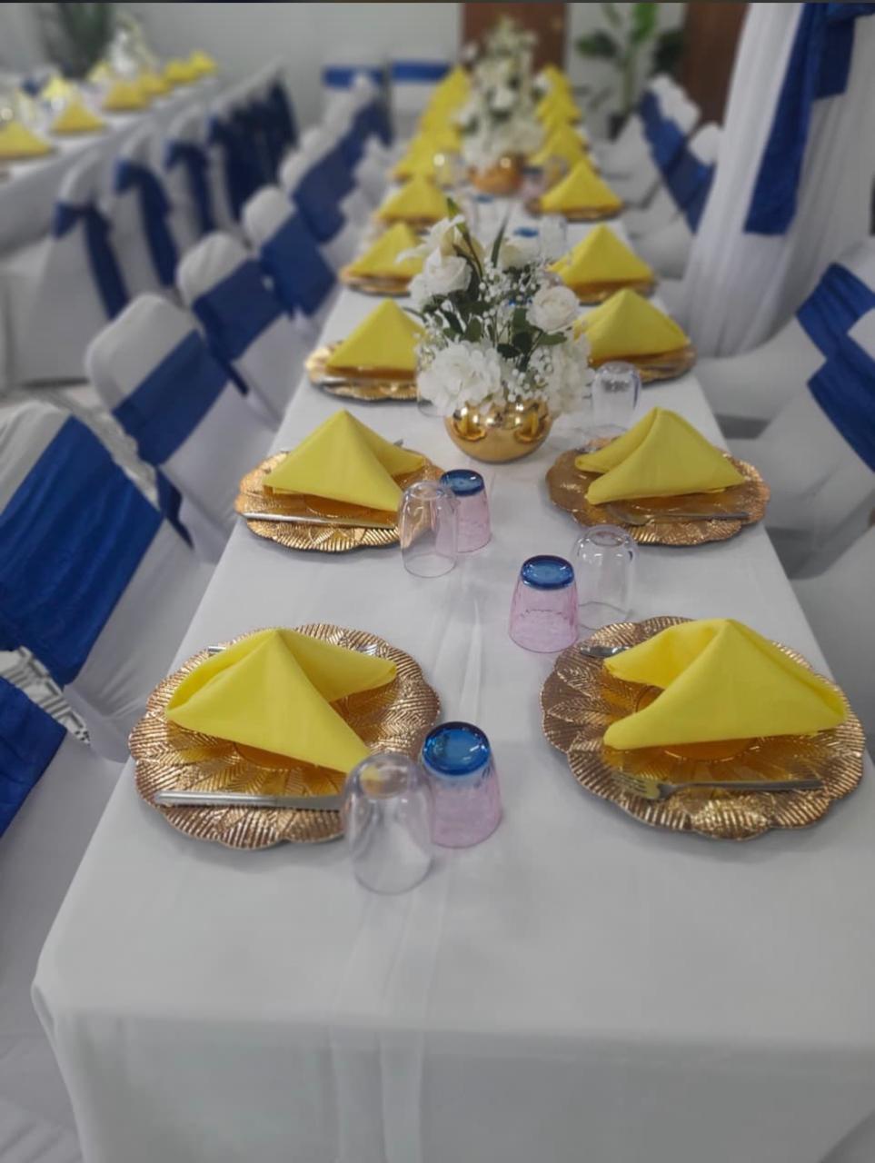 Long banquet table with blue and yellow napkins and decorations