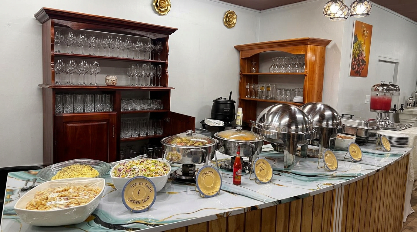 Off-site catering buffet spread with chafing dishes and salads